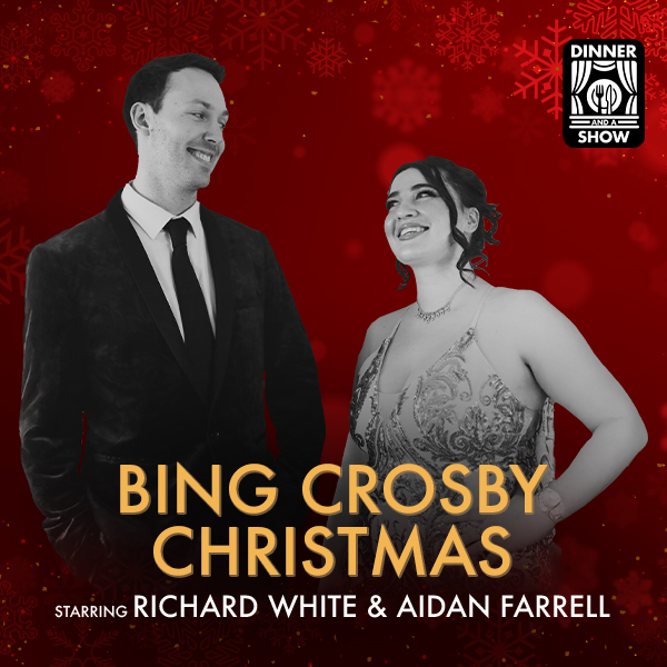 A man in a suit and a woman in a dress smile at each other against a red background with snowflakes. Text reads “Bing Crosby Christmas, starring Richard White & Aidan Farrell.”.