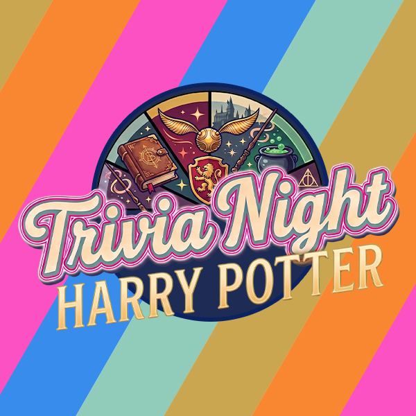 A colorful graphic with the text “Trivia Night Harry Potter” and icons of a book, castle, broomstick, and potion, set against diagonal stripes in orange, pink, blue, green, and yellow.