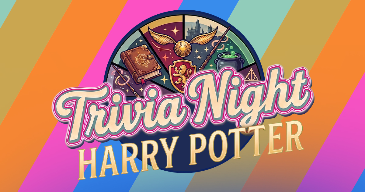 Colorful “Trivia Night Harry Potter” graphic with Hogwarts symbols, including a book, Golden Snitch, Gryffindor crest, and cauldron on a striped background.